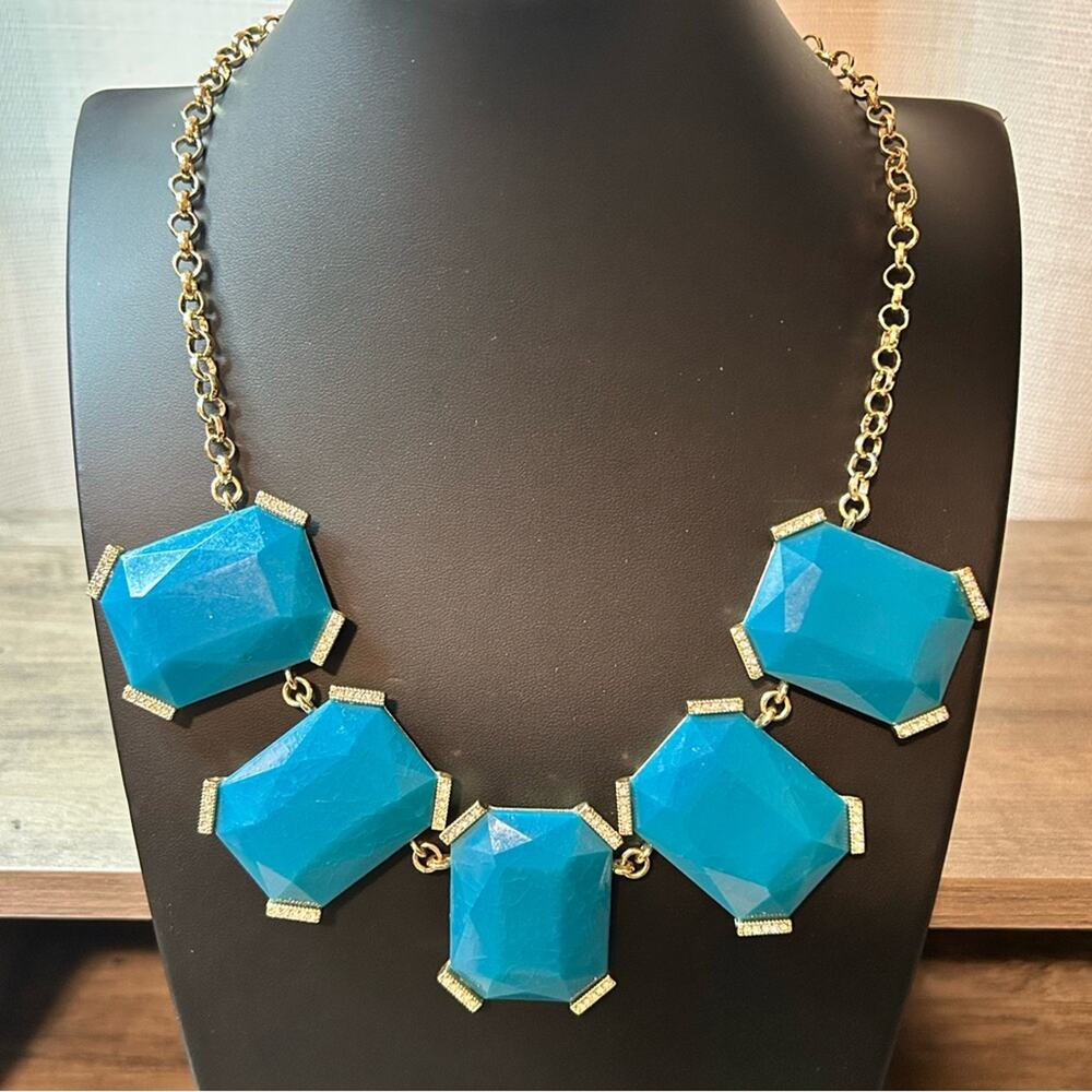 Banana Republic Large Teal Accent Rhinestones Statement Necklace #F015 gold tone